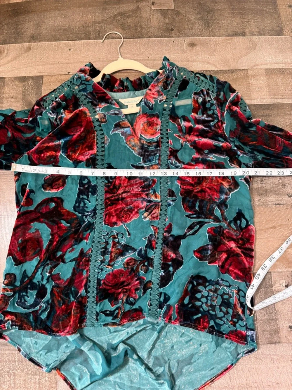 Sundance Teal Velvet Burnout Floral Blouse Boho Romantic Sheer Peasant Top M - Picture 4 of 6